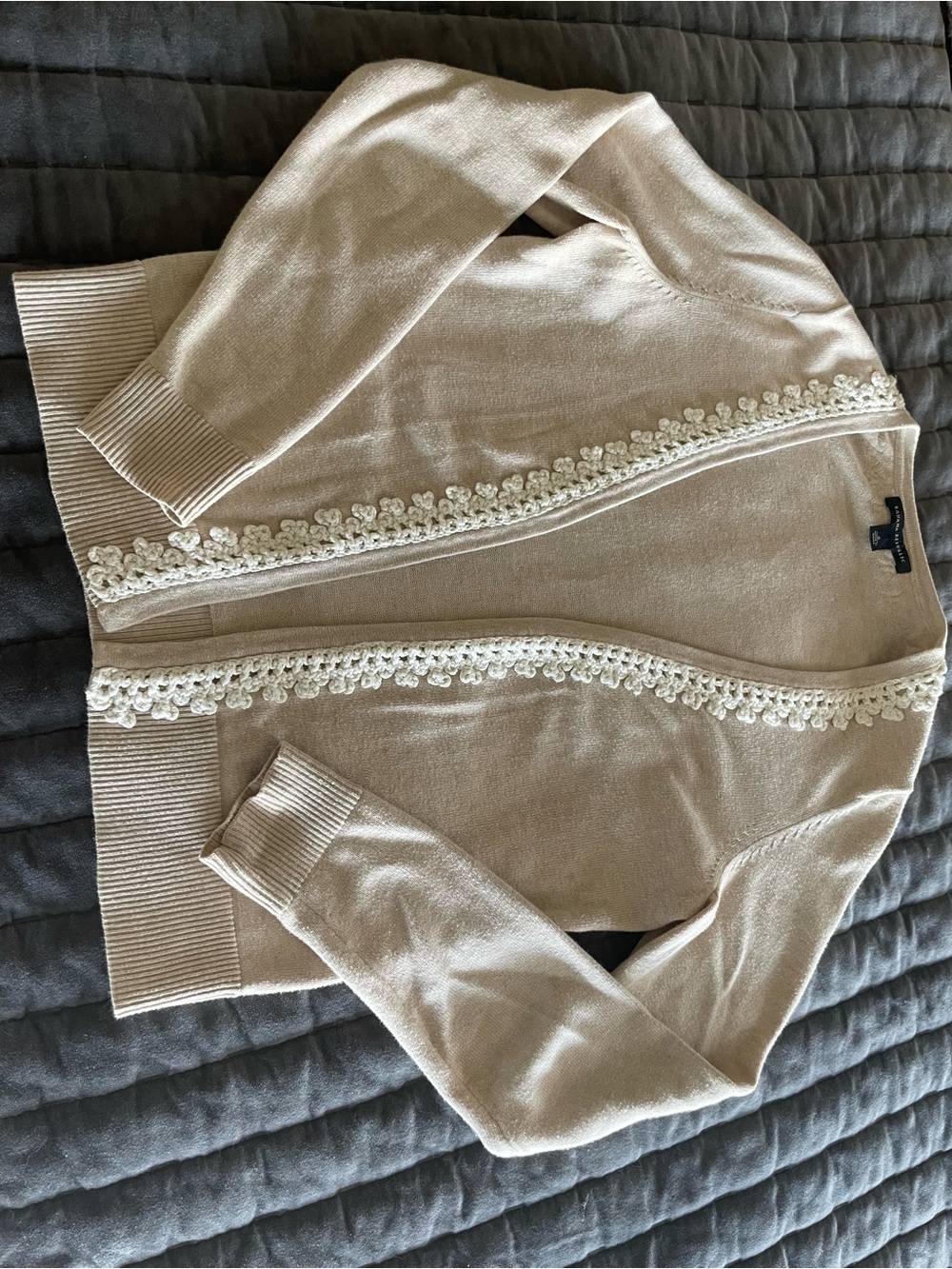 Beige Crochet Trim Cardigan Sweater